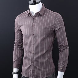湯河之家 2019秋季新款長袖襯衫男青年時尚修身精品刺繡條紋襯衣男裝c
