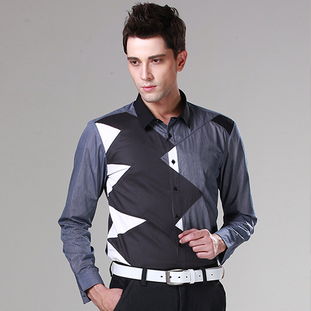 公子一派 新款個性潮男襯衣黑白灰幾何拼色男士長袖襯衫cs21014